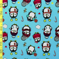 Merry Christmas Penguin Print on Poly Spandex Fabric (Sky Blue) | (4 Way Stretch/Per Yard)