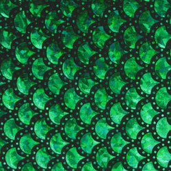 Green & Black Mermaid Fish Scale on Hologram Foil Spandex w/ Dots Fabric | (4 Way Stretch/Per Yard)