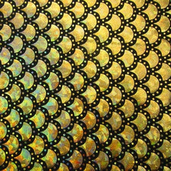 Gold & Black Mermaid Fish Scale on Hologram Foil Spandex w/ Dots Fabric | (4 Way Stretch/Per Yard)