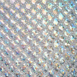 Silver & White Mermaid Fish Scale on Holographic Foil Spandex with Dots Fabric | (4 Way Stretch/Per Yard)