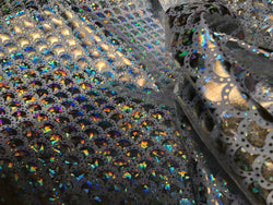 Silver & White Mermaid Fish Scale on Holographic Foil Spandex with Dots Fabric | (4 Way Stretch/Per Yard)