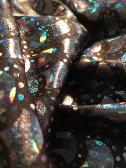 Silver & Black Mermaid Fish Scale on Hologram Foil Spandex w/ Dots Fabric | (4 Way Stretch/Per Yard)