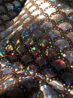 Silver & Black Mermaid Fish Scale on Hologram Foil Spandex w/ Dots Fabric | (4 Way Stretch/Per Yard)