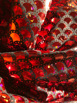 Red & Black Mermaid Fish Scale on Hologram Foil Spandex w/ Dots Fabric | (4 Way Stretch/Per Yard)