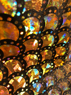 Gold & Black Mermaid Fish Scale on Hologram Foil Spandex w/ Dots Fabric | (4 Way Stretch/Per Yard)