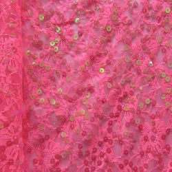 Shiny Sequins on Lace Fabric (Neon Pink) | (4 Way Stretch/Per Yard)