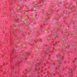Shiny Sequins on Lace Fabric (Neon Pink) | (4 Way Stretch/Per Yard)