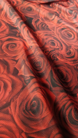 Roses on Printed Poly Mesh Fabric | (4 Way Stretch/Per Yard)