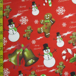 Merry Christmas Gingerbread and Snowman Print on Poly Spandex Fabric | (4 Way Stretch/Per Yard)