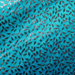 Shiny Foil Vine Leaves on Turquoise Nylon Spandex Fabric | (4 Way Stretch/Per Yard)