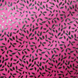 Shiny Foil Vine Leaves on Hot Pink Nylon Spandex Fabric | (4 Way Stretch/Per Yard)
