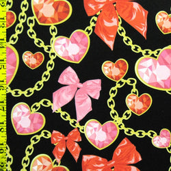 Hearts, Bows and Chain Print on Poly Spandex Fabric | (4 Way Stretch/Per Yard)