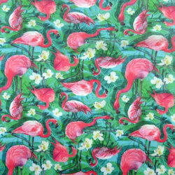 Flamingo Printed on Poly Mesh Fabric (Green/Fuchsia) | (4 Way Stretch/Per Yard)