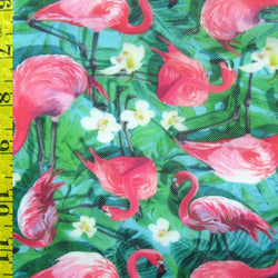 Flamingo Printed on Poly Mesh Fabric (Green/Fuchsia) | (4 Way Stretch/Per Yard)