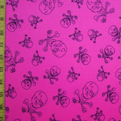 Skulls and Bones Printed on Poly Mesh Fabric (Raspberry) | (4 Way Stretch/Per Yard)