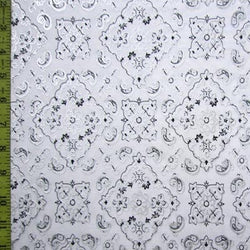 Paisley Printed with Foil on Poly Spandex Fabric (Silver/White) | (4 Way Stretch/Per Yard)