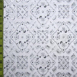 Paisley Printed with Foil on Poly Spandex Fabric (Silver/White) | (4 Way Stretch/Per Yard)