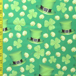 Clover Leaves & Leprechaun Hat Print on Poly Spandex Fabric | (4 Way Stretch/Per Yard) **St Patricks**