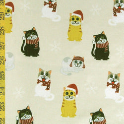 Merry Christmas Cat Print on Poly Spandex Fabric (Light Ivory) | (4 Way Stretch/Per Yard)
