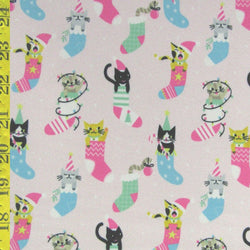 Merry Christmas Cat in Stockings Print on Poly Spandex Fabric (Light Pink) | (4 Way Stretch/Per Yard)