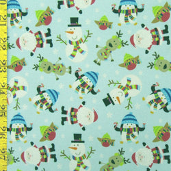 Merry Xmas Santa, Reindeer, and Snowman Print on Poly Spandex Fabric (Sky Blue) | (4 Way Stretch/Per Yard)