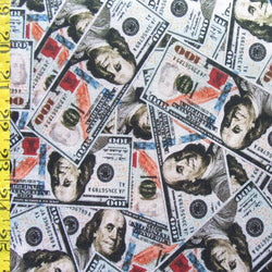 Holographic Money Print (100 Dollar) with Silver Shiny Dots on Poly Spandex Fabric| (4 Way Stretch/Per Yard)