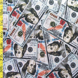 Holographic Money Print (100 Dollar) with Silver Shiny Dots on Poly Spandex Fabric| (4 Way Stretch/Per Yard)