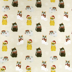 Merry Christmas Cat Print on Poly Spandex Fabric (Light Ivory) | (4 Way Stretch/Per Yard)