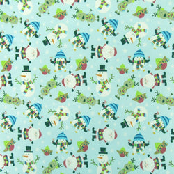 Merry Xmas Santa, Reindeer, and Snowman Print on Poly Spandex Fabric (Sky Blue) | (4 Way Stretch/Per Yard)