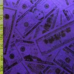 Holographic Money Print (Mixed Bills) with Purple Shiny Dots on Poly Spandex Fabric (Purple) | (4 Way Stretch/Per Yard)