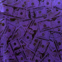 Holographic Money Print (Mixed Bills) with Purple Shiny Dots on Poly Spandex Fabric (Purple) | (4 Way Stretch/Per Yard)