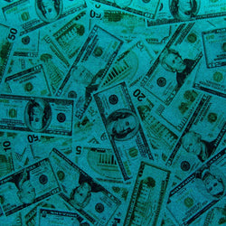 Holographic Money Print with Turquoise Shiny Dots on Poly Spandex Fabric (Turquoise) | (4 Way Stretch/Per Yard)