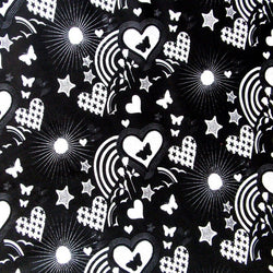 Hearts, Stars, and Butterflies Print with Silver Glitter on Nylon Spandex Fabric | (4 Way Stretch/Per Yard)