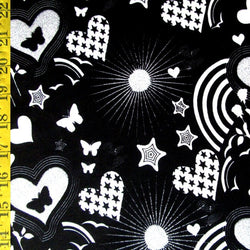 Hearts, Stars, and Butterflies Print with Silver Glitter on Nylon Spandex Fabric | (4 Way Stretch/Per Yard)