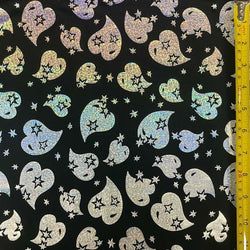 Holographic Sparkly Hearts on Poly Spandex Fabric (Silver/Black) | (4 Way Stretch/Per Yard)