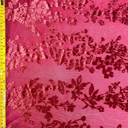 Floral Print on Burnout Velvet Nylon Mesh (Brick) | (4 Way Stretch/Per Yard)