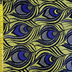 Peacock Print on Nylon Spandex Fabric (Yellow/Purple/Black) | (4 Way Stretch/Per Yard)