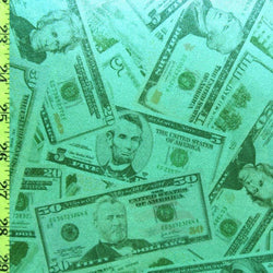 Holographic Money Print with Baby Blue Shiny Dots on Poly Spandex Fabric (Green/Baby Blue) | (4 Way Stretch/Per Yard)