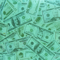 Holographic Money Print with Baby Blue Shiny Dots on Poly Spandex Fabric (Green/Baby Blue) | (4 Way Stretch/Per Yard)