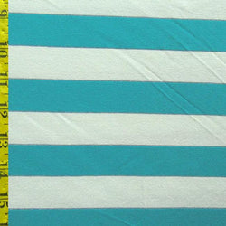Horizontal Stripes on Cotton Spandex Fabric (White/Turquoise) | (4 Way Stretch/Per Yard)
