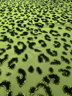 Leopard Print with Neon Green Glitter on Neon Green Stretch Mesh Fabric | (2 Way Stretch/Per Yard)
