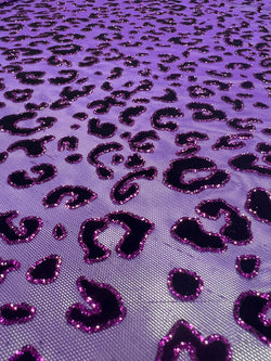 Leopard Print with Purple Glitter on Stretch Mesh Fabric | (2 Way Stretch/Per Yard)