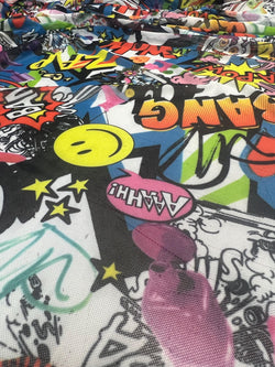 Graffiti Printed on Poly Mesh Fabric | (4 Way Stretch/Per Yard)