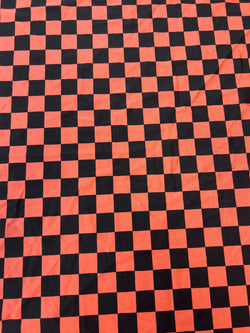 Checkerboard Print on Poly Spandex Fabric (Vibrant Orange/Black) | (4 Way Stretch/Per Yard)