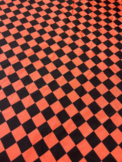 Checkerboard Print on Poly Spandex Fabric (Vibrant Orange/Black) | (4 Way Stretch/Per Yard)