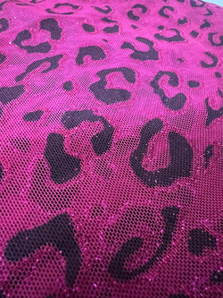 Leopard Print with Fuchsia Glitter on Raspberry Stretch Mesh Fabric | (2 Way Stretch/Per Yard)