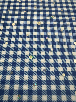 Gingham Print with Glitter on Polyester Fabric (Silver/Blue/White) | (4 Way Stretch/Per Yard)