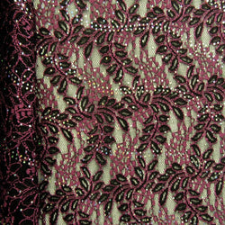 Intricate Pattern with Glued Foil on Stretch Lace Fabric(Black/Fuchsia) | (2 Way Stretch/Per Yard)