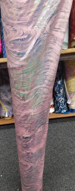 Metallic Foil Lava Swirls (Silver) on Light Pink Nylon Spandex Fabric | (4 Way Stretch/Per Yard)