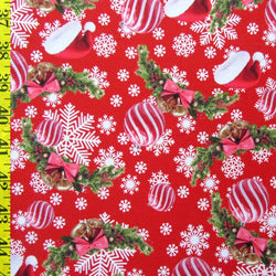 Christmas Bells and Snowflakes Print on Poly Spandex Fabric | (4 Way Stretch/Per Yard)